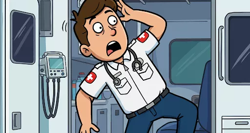 Cartoon medic bumps head inside of ambulance