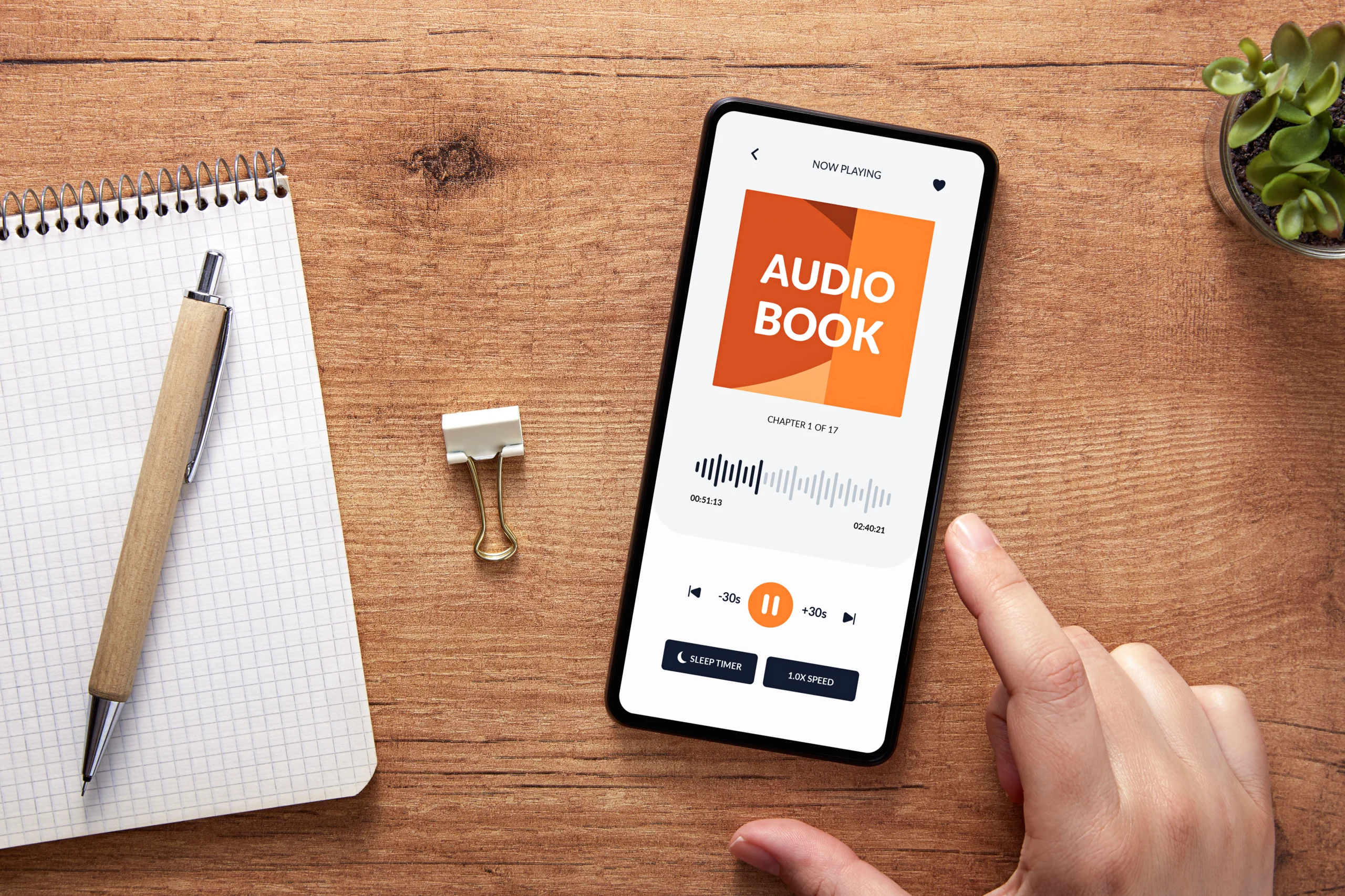 overhead shot of audiobook player on mobile device